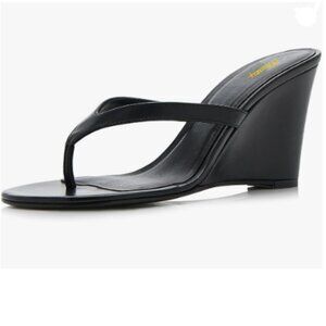 Milooey shoes Black Round Toe Flip Flops Wedge High Heels Slip On Thong Sandals
